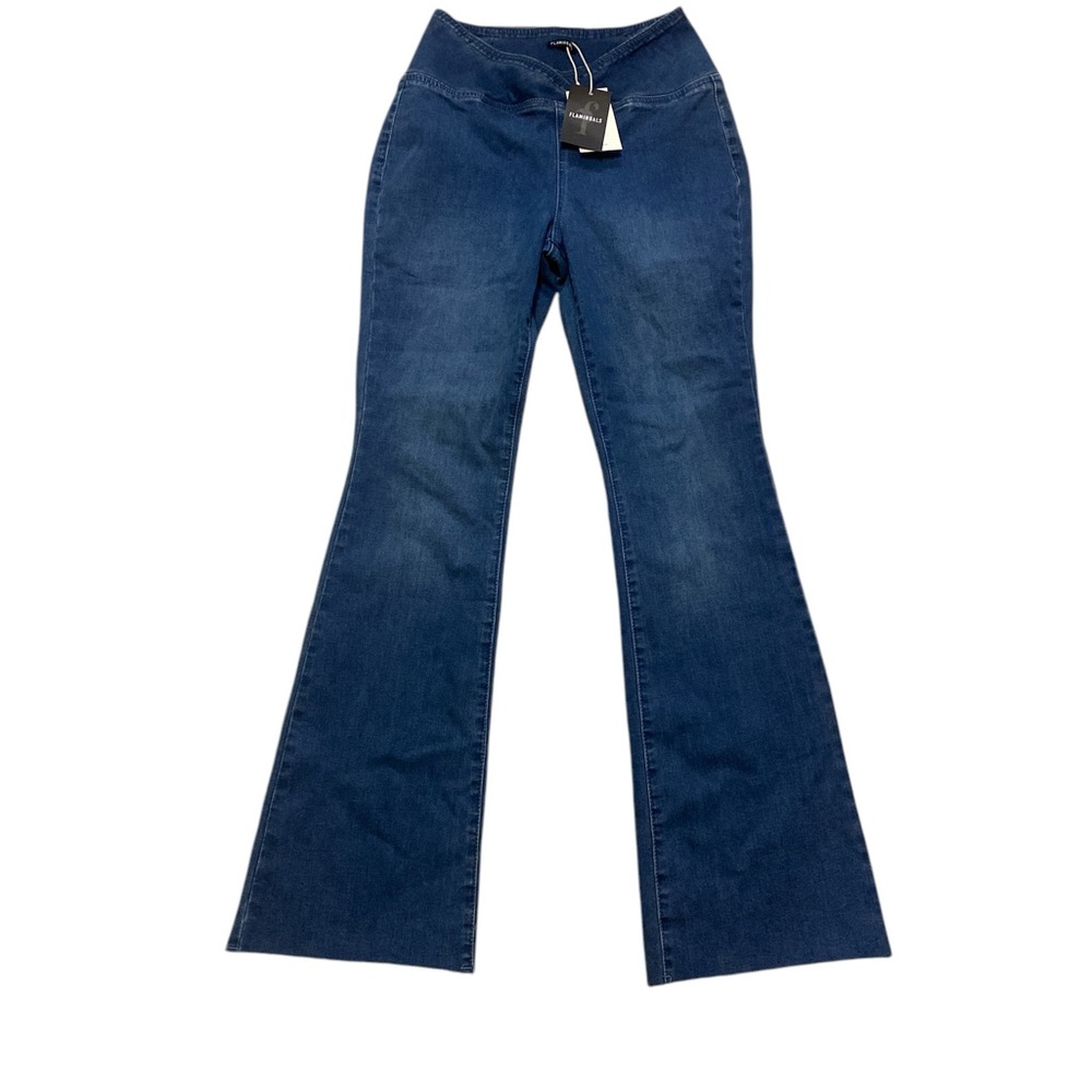 Flamingals Pull On Wide Leg Flared Blue Jeans Women’s Size S Crossover Waistband